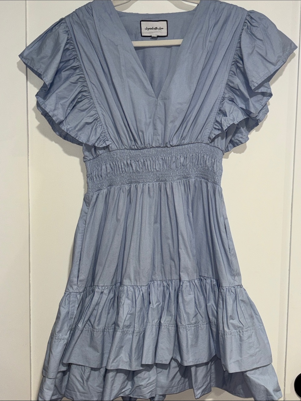 Smocked Waist Light Blue V-Neck Ruffle Mini Dress